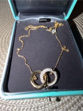 Gold Double Ring Pendant Necklace with Crystal Accents - Women Jewelry